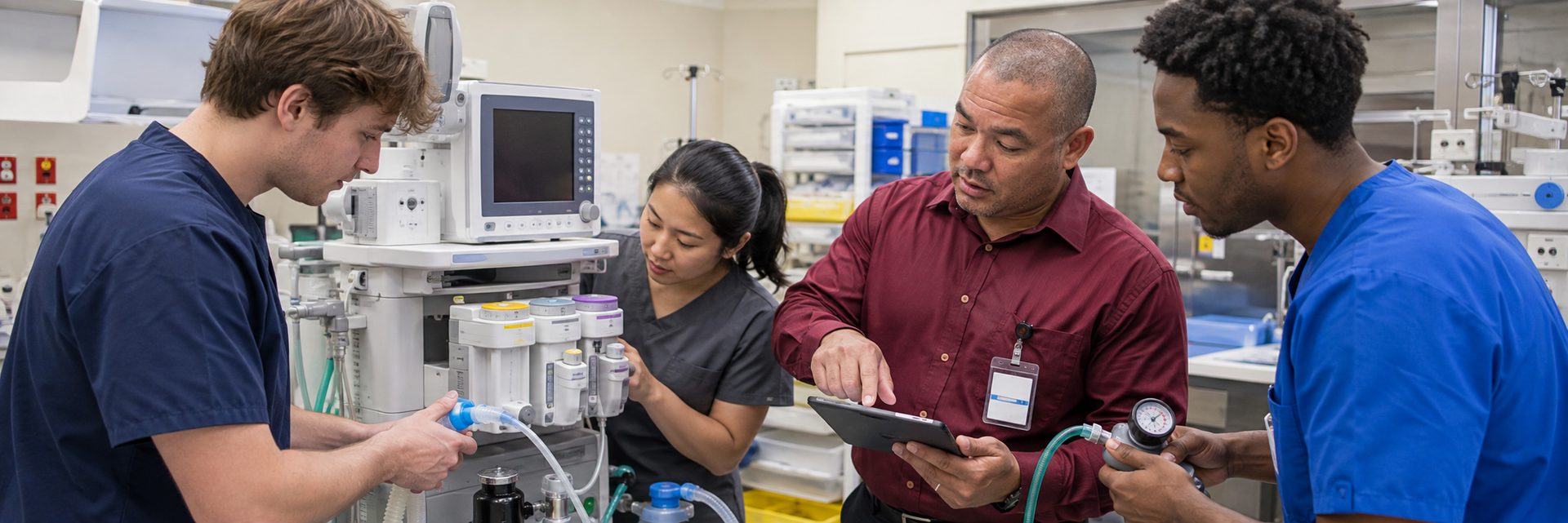 Biomedical equipment technicians performing anesthesia machine preventive maintenance