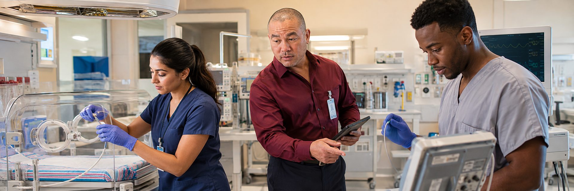 Biomedical equipment technicians performing anesthesia machine preventive maintenance