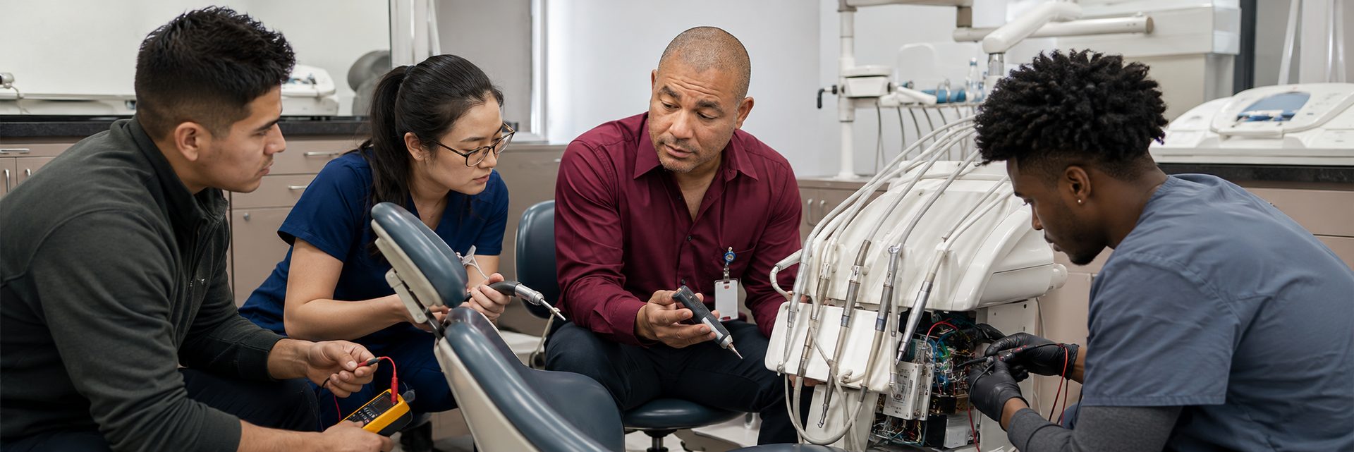 HTM technicians inspecting operating room surgical lights during scheduled service